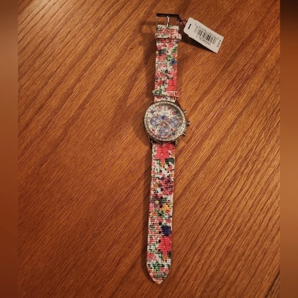 NWT Guess Pink Floral Silver Rhinestone Studded Watch